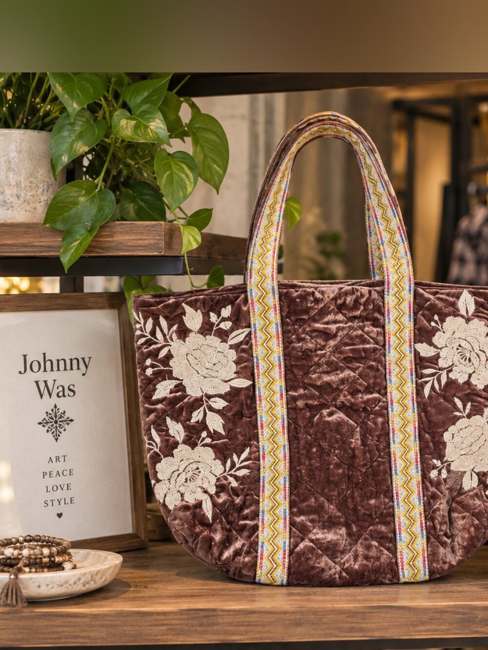 Embroidered Velvet Tote Bag in Deep Plum/brown